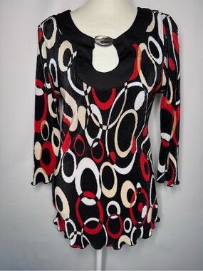 Zoey & Beth Micro Pleated Tunic Blouse Top Red Black Geometric Retro Mod - M
